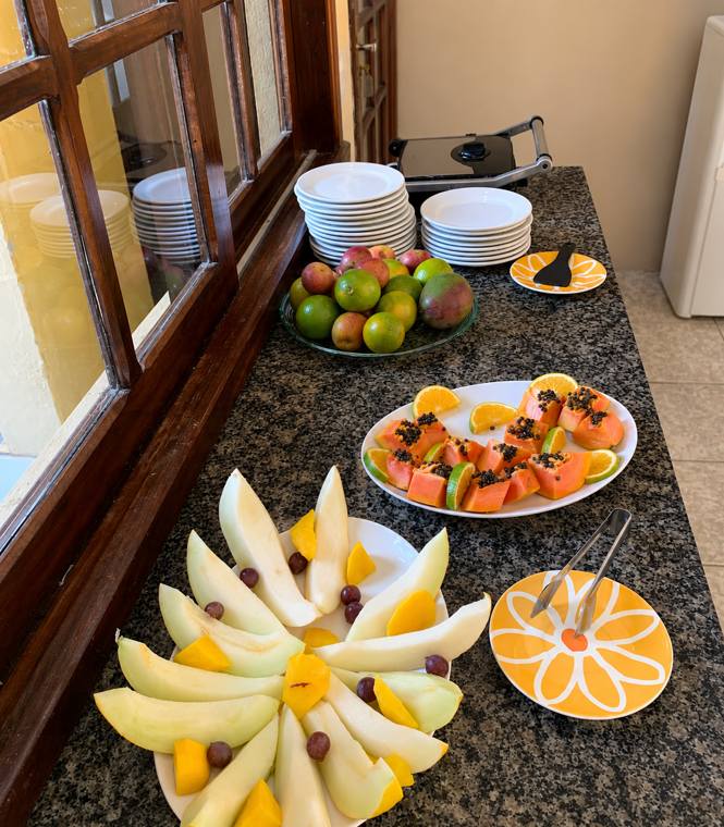 Fresh fruit counter with melon, papaya and citrus